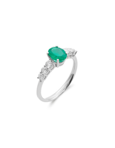 Anillo Oro Blanco, Esmeralda Y Diamantes