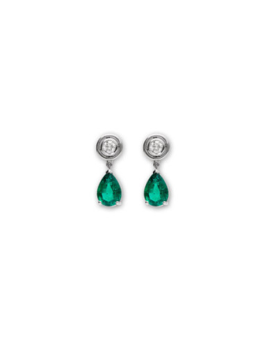 Pendientes Oro Blanco, Diamante Y Esmeralda