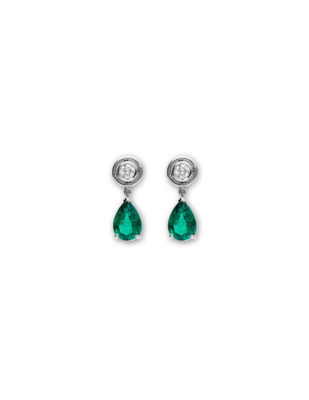Pendientes Oro Blanco, Diamante Y Esmeralda