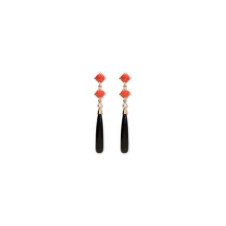 Pendientes Oro Amarillo, Coral, Diamante Y Ónix. Género: Mujer. Material: Oro amarillo. Piedras: Diamantes,Onix,Coral