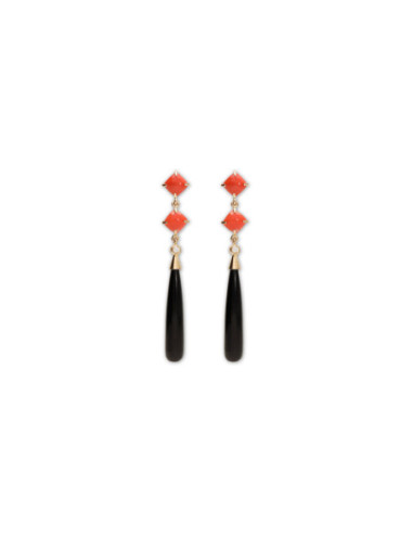 Pendientes Oro Amarillo, Coral, Diamante Y Ónix