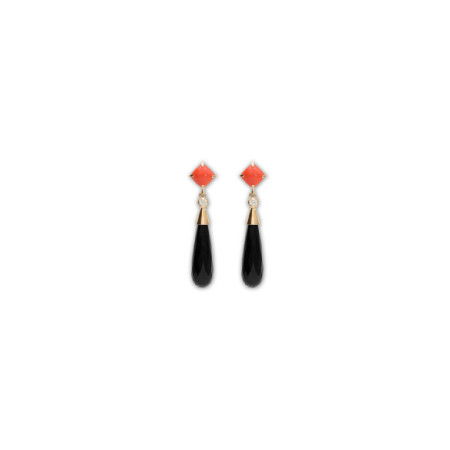Pendientes Oro Amarillo, Coral, Diamante Y Ónix. Género: Mujer. Material: Oro amarillo. Piedras: Diamantes,Onix,Coral