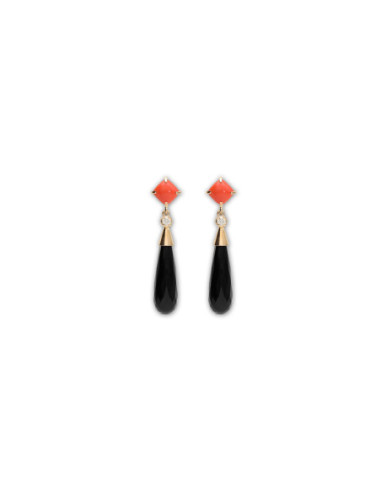 Pendientes Oro Amarillo, Coral, Diamante Y Ónix