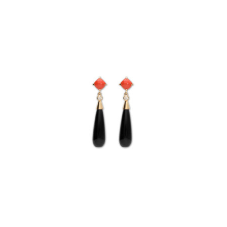 Pendientes Oro Amarillo, Coral, Diamante Y Ónix. Género: Mujer. Material: Oro amarillo. Piedras: Diamantes,Onix,Coral