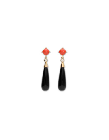 Pendientes Oro Amarillo, Coral, Diamante Y Ónix