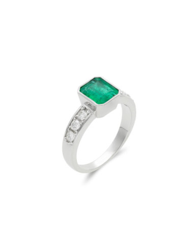 Anillo Oro Blanco, Esmeralda Y Diamantes