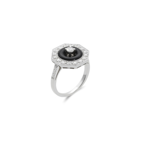Anillo Oro Blanco, Diamantes Y Ónix. Género: Mujer. Material: Oro blanco. Piedras: Diamantes,Onix