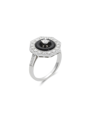 Anillo Oro Blanco, Diamantes Y Ónix