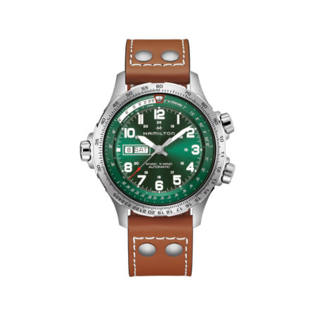 Reloj Khaki Aviation X-Wind Day Date Auto H77735560. Género: Hombre. Material: Acero. Tamaño: De 43mm a 46mm. Correa: Piel. Color esfera: Verde. Estilo: Aviador. Movimiento: Automático. Características técnicas: Calendario,Reserva de marcha,Hora y segundero
