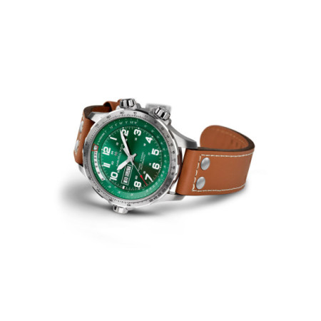 Reloj Khaki Aviation X-Wind Day Date Auto H77735560. Género: Hombre. Material: Acero. Tamaño: De 43mm a 46mm. Correa: Piel. Color esfera: Verde. Estilo: Aviador. Movimiento: Automático. Características técnicas: Calendario,Reserva de marcha,Hora y segundero