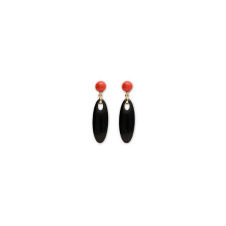 Pendientes Oro Amarillo, Coral Y Ónix. Género: Mujer. Material: Oro amarillo. Piedras: Onix,Coral