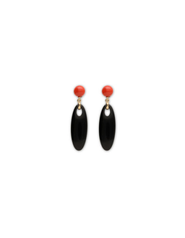 Pendientes Oro Amarillo, Coral Y Ónix