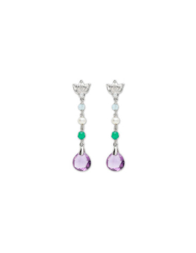 Pendientes Plata, Circonita, Aguamarina, Perla, Ágata Y Amatista