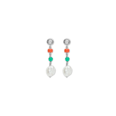 Pendientes Plata, Circonita, Ágata, Coral Y Perla. Género: Mujer. Material: Plata. Piedras: Perlas,Otras gemas,Coral