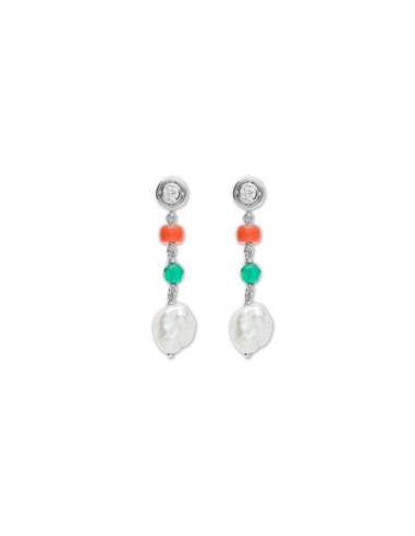 Pendientes Plata, Circonita, Ágata, Coral Y Perla