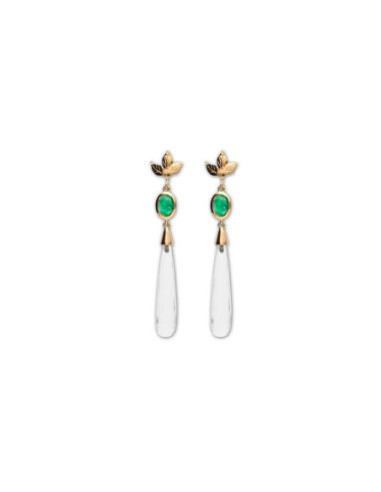 Pendientes Oro Amarillo, Esmeralda Y Cristal De Roca