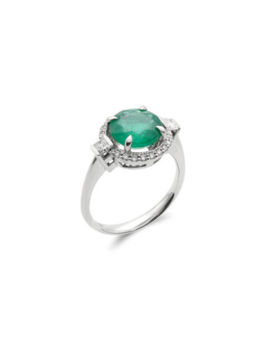 Anillo Oro Blanco, Esmeralda Y Diamantes