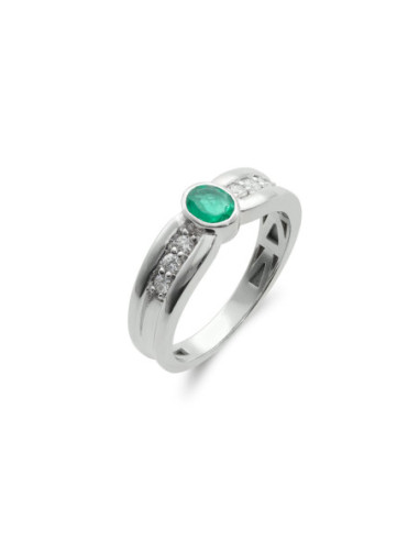 Anillo Oro Blanco, Esmeralda Y Diamantes