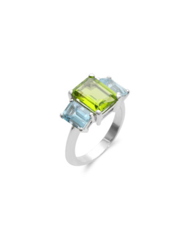 Anillo Oro Blanco, Peridoto Y Aguamarinas