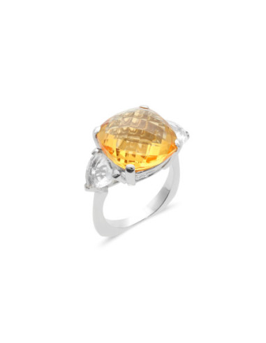 Anillo Oro Blanco, Citrino Y Cristal De Roca