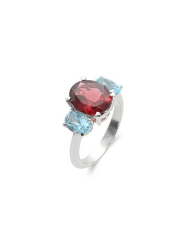 Anillo Oro Blanco, Granate Y Topacios