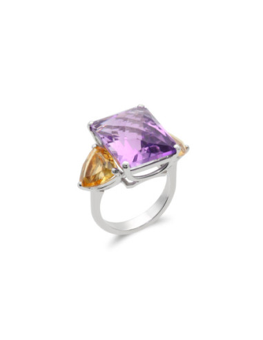 Anillo Oro Blanco, Amatista Y Citrinos
