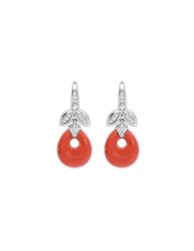 Pendientes Oro Blanco, Diamantes Y Coral