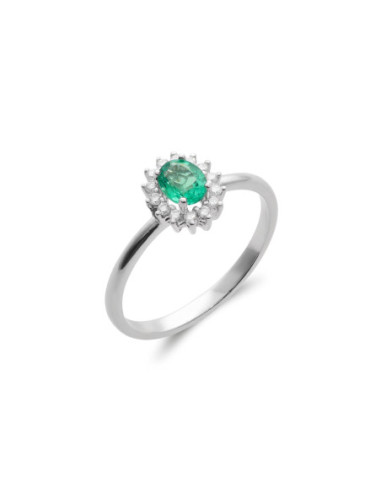 Anillo Oro Blanco, Esmeralda Y Diamantes