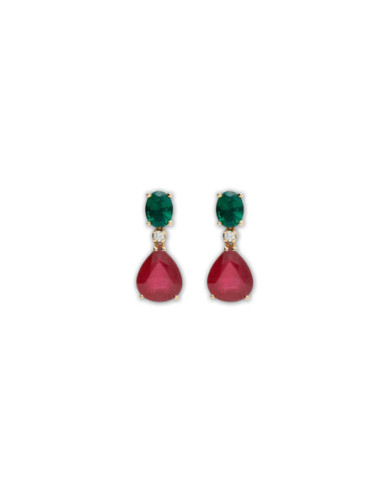 Pendientes Oro Amarillo, Esmeralda, Diamante Y Rubí