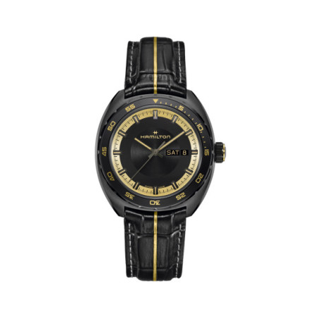 Reloj Hamilton American Classic Pan Europ Resident Evil Requiem Limited Edition H35455730. Género: Hombre. Material: Acero. Tamaño: De 39mm a 42mm. Correa: Piel. Color esfera: Negro. Estilo: Casual. Movimiento: Automático. Características técnicas: Calendario,Hora y segundero,Reserva de marcha