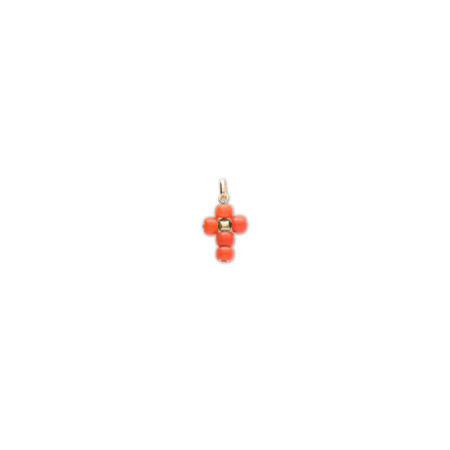 Colgante Cruz Oro Amarillo Y Coral. Género: Mujer. Material: Oro amarillo. Piedras: Coral