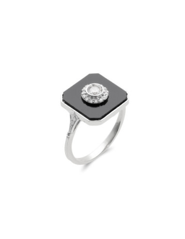 Anillo Oro Blanco, Diamantes Y Ónix