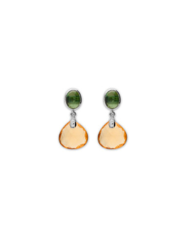 Pendientes Oro Blanco, Turmalina, Diamante Y Citrino