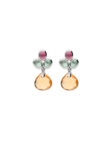 Pendientes Oro Blanco, Turmalinas, Diamante Y Citrino