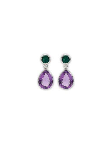 Pendientes Oro Blanco, Esmeralda, Diamante Y Amatista