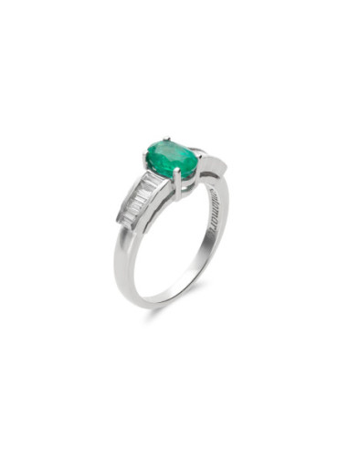 Anillo Oro Blanco, Esmeralda Y Diamantes