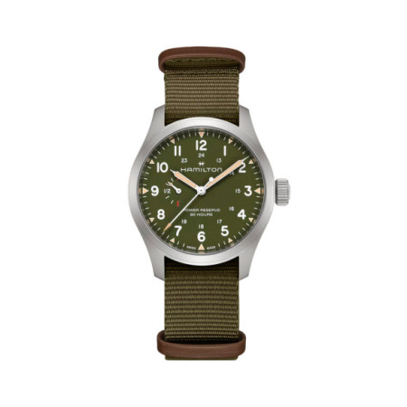 Reloj Hamilton Khaki Field Power Reserve 40MM H69509960. Género: Hombre. Material: Acero. Tamaño: De 39mm a 42mm. Correa: Nato. Color esfera: Verde. Estilo: Deportivo. Movimiento: Cuerda. Características técnicas: Hora y segundero,Reserva de marcha