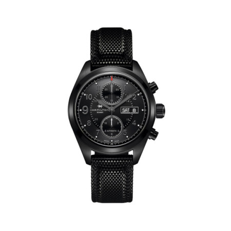 Reloj Hamilton Khaki Field Auto Chrono H71626735. Género: Hombre. Material: Acero. Tamaño: De 39mm a 42mm. Correa: Caucho. Color esfera: Negro. Estilo: Deportivo. Movimiento: Automático. Características técnicas: Calendario,Reserva de marcha,Hora y segundero,Cronógrafo
