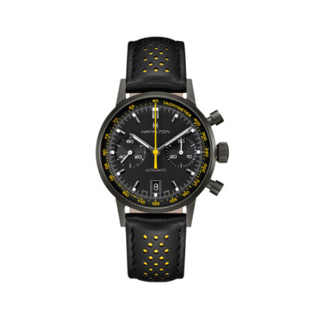 Reloj Hamilton American Classic Intra-Matic Auto Chrono H38446731. Género: Hombre. Material: Acero. Tamaño: De 39mm a 42mm. Correa: Piel. Color esfera: Negro. Estilo: Deportivo. Movimiento: Automático. Características técnicas: Cronógrafo,Reserva de marcha,Hora y segundero,Calendario