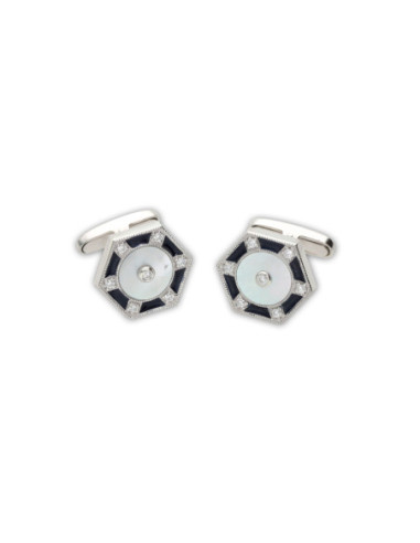Gemelos Plata, Circonitas, Nácar Y Esmalte Azul