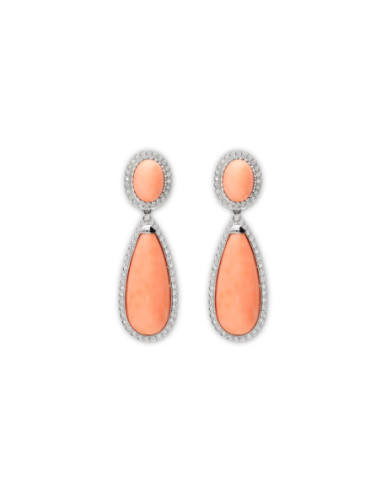 Pendientes Oro Blanco, Coral Y Diamantes