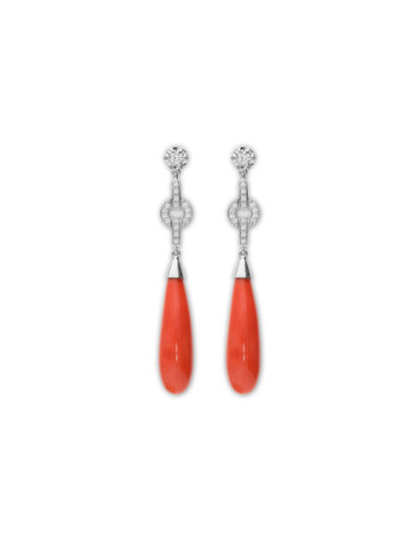 Pendientes Oro Blanco, Diamantes Y Coral
