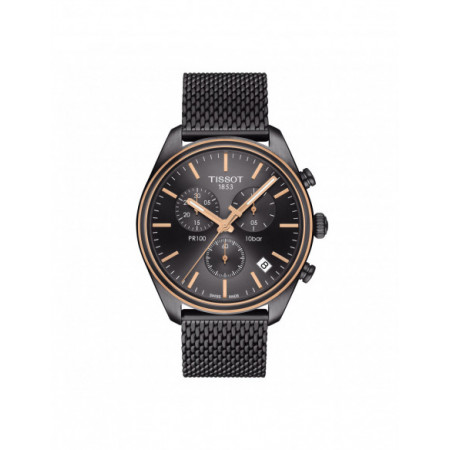 Reloj Tissot PR100 T101.417.23.061.00. Género: Hombre. Material: Acero PVD negro. Tamaño: De 39mm a 42mm. Correa: Acero. Color esfera: Negro. Movimiento: Cuarzo. Características técnicas: Hora y segundero,Calendario,Cronógrafo