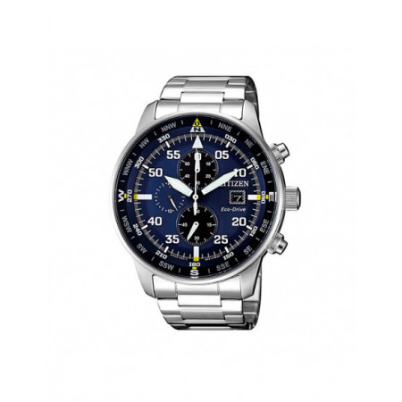 Reloj Citizen Aviator Crono CA0690-88L. Género: Hombre. Material: Acero. Tamaño: De 43mm a 46mm. Correa: Acero. Color esfera: Azul. Estilo: Deportivo. Movimiento: Eco Drive,Solar. Características técnicas: Calendario,Cronógrafo,Hora y segundero