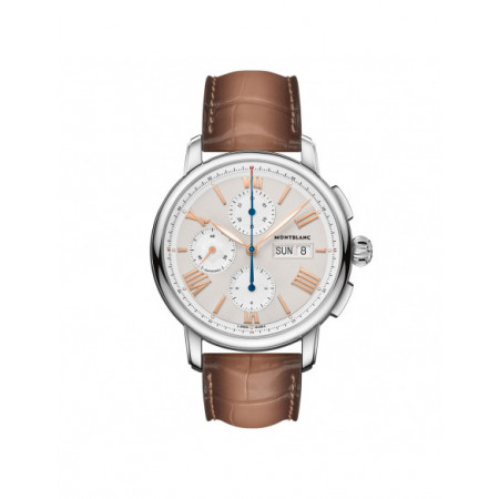 Reloj Montblanc Star Legacy Cronograph Day Date 126080. Género: Hombre. Material: Acero. Tamaño: De 43mm a 46mm. Correa: Piel. Color esfera: Otros. Estilo: Clásico. Movimiento: Automático. Características técnicas: Hora y segundero,Calendario,Cronógrafo