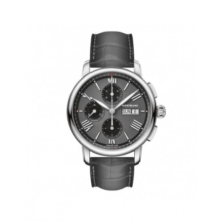 Reloj Montblanc Star Legacy Cronograph Day Date 126081. Género: Hombre. Material: Acero. Tamaño: De 43mm a 46mm. Correa: Piel. Color esfera: Gris. Estilo: Clásico. Movimiento: Automático. Características técnicas: Cronógrafo,Calendario,Hora y segundero