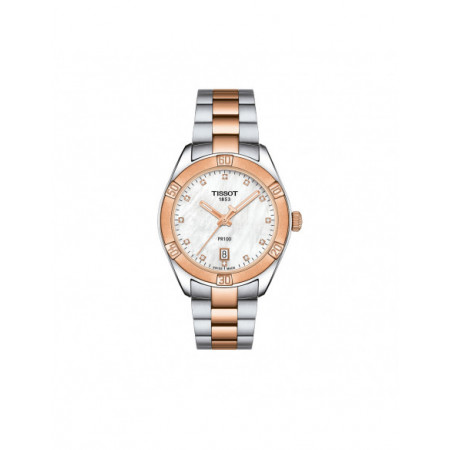 Reloj Tissot PR 100 Sport Chic T101.910.22.116.00. Género: Mujer. Material: Acero/Oro. Tamaño: De 32mm a 38mm. Correa: Acero. Color esfera: Nácar. Características técnicas: Calendario,Hora y segundero
