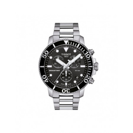 Reloj Tissot Seastar 1000 Chronograph T120.417.11.051.00. Género: Hombre. Material: Acero. Tamaño: De 43mm a 46mm. Correa: Acero. Color esfera: Negro. Estilo: Deportivo. Movimiento: Cuarzo. Características técnicas: Cronógrafo,Hora y segundero,Calendario