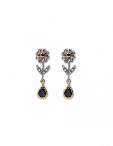 Pendiente Oro Amarillo Y Plata Con Zafiro Y Diamantes