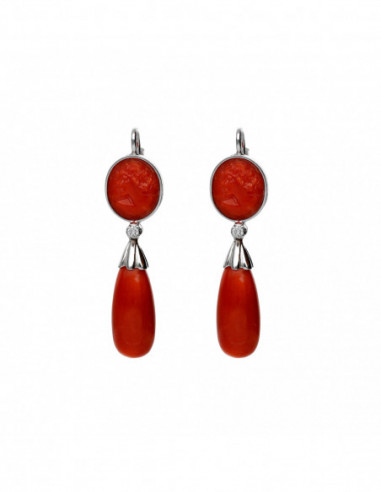 Pendiente Oro Blanco, Coral Y Diamante